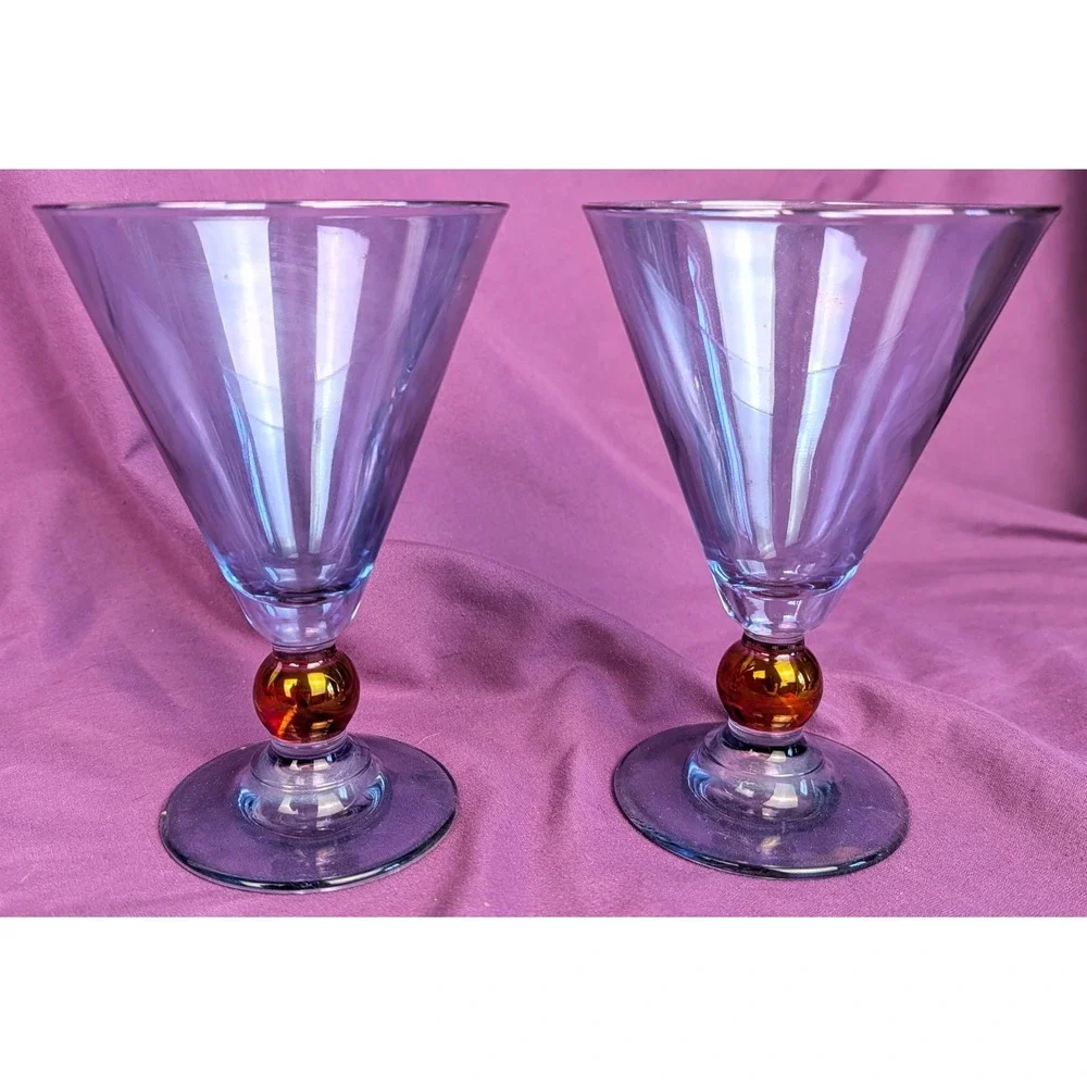 2 Vintage Italian Si-An Wine Cocktail Martini Glass - Blue/Amber Ball Stem 6